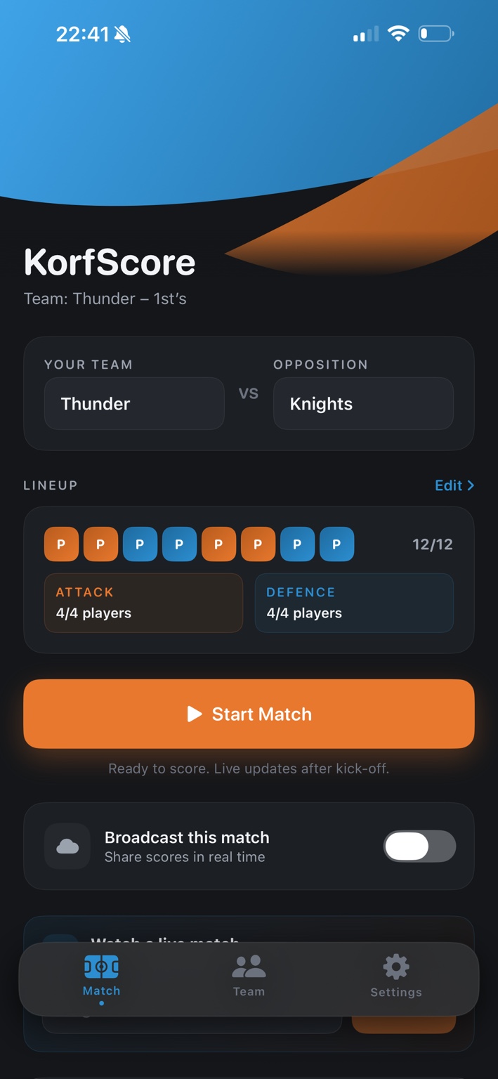 KorfScore match setup screen